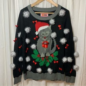 Tipsy Elves Gray Cat Silver Tinsel Pom Poms Red Bows‎ Christmas Sweater Size L